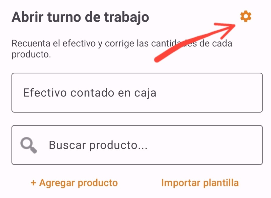 Botón de configuración en la pantalla Abrir turno