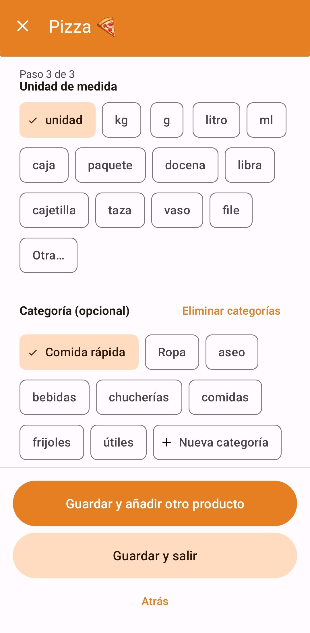 Paso 3: unidad y categoría