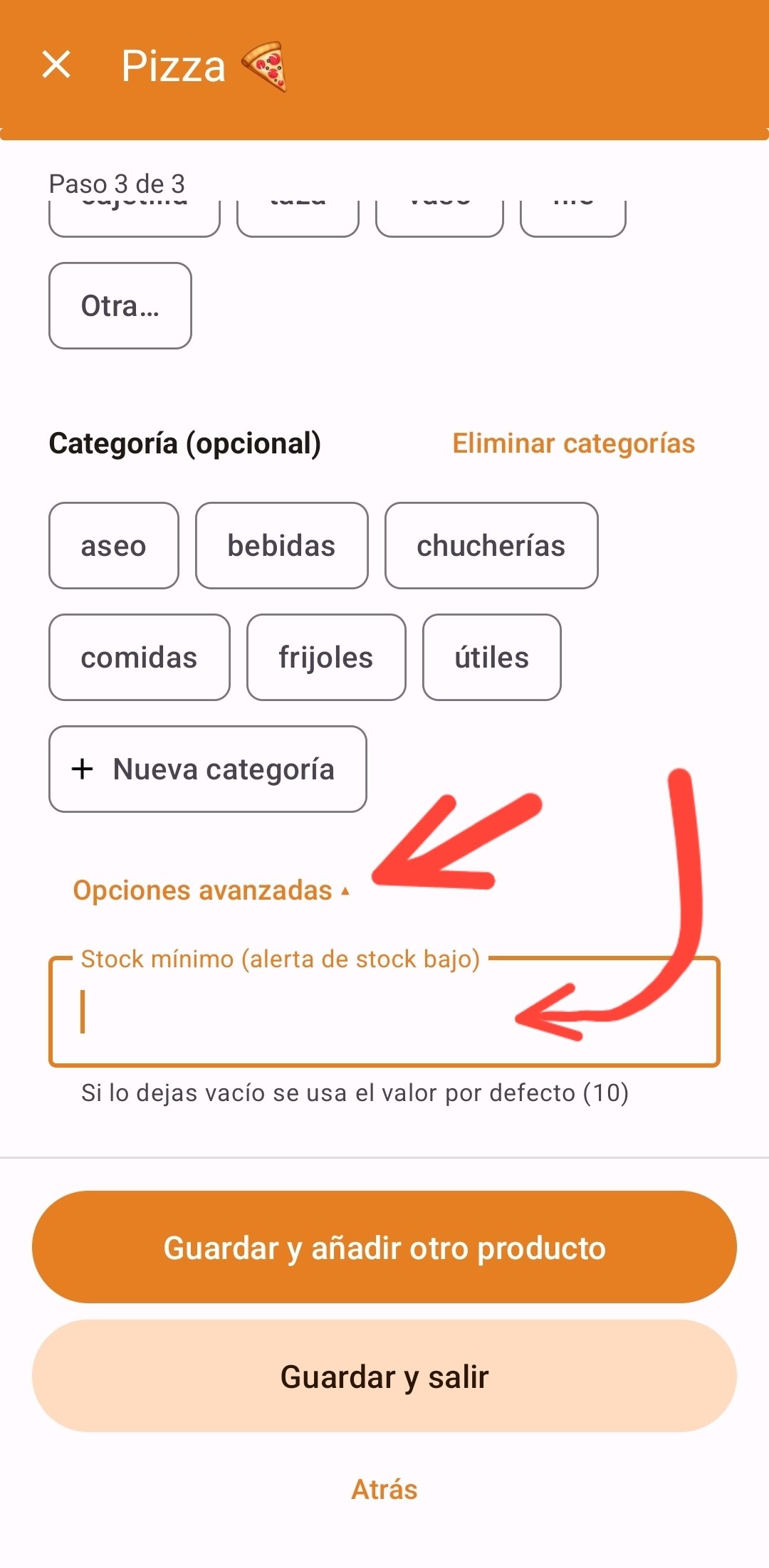 Ejemplo de stock mínimo en un producto