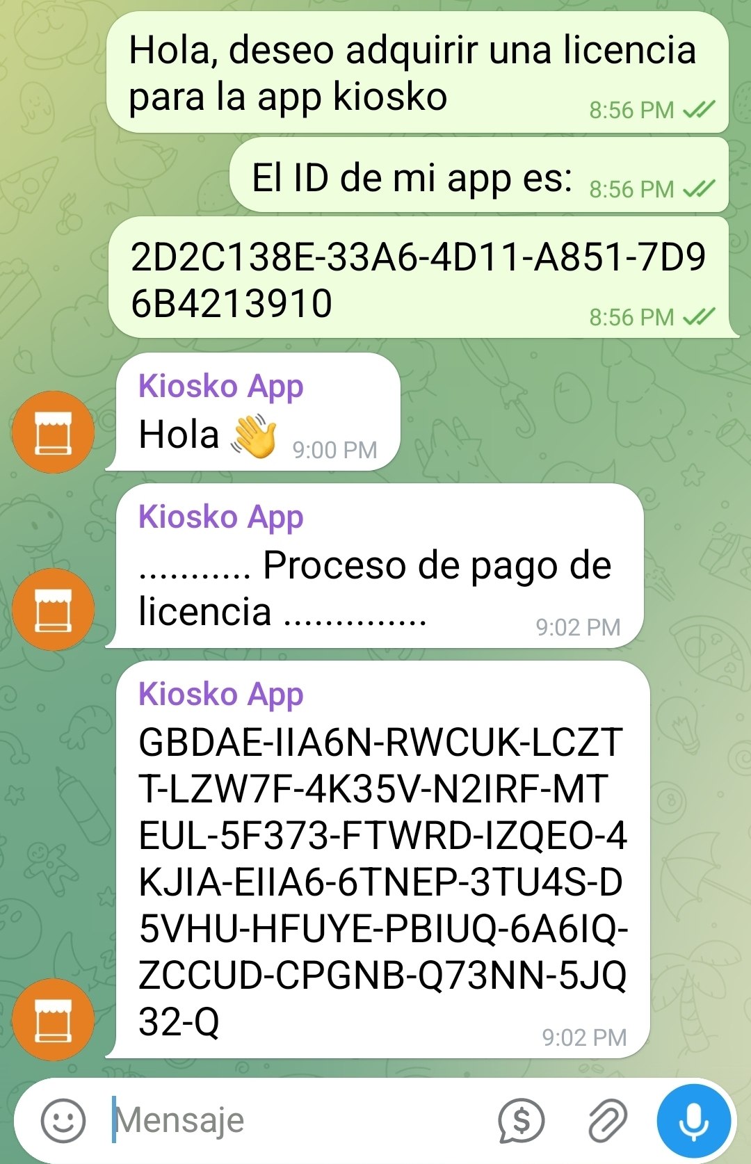 Respuesta con el código de licencia