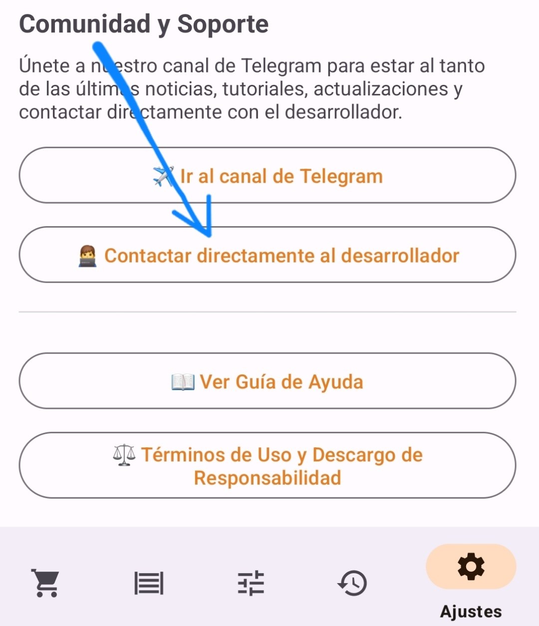Botón Contactar directamente al desarrollador
