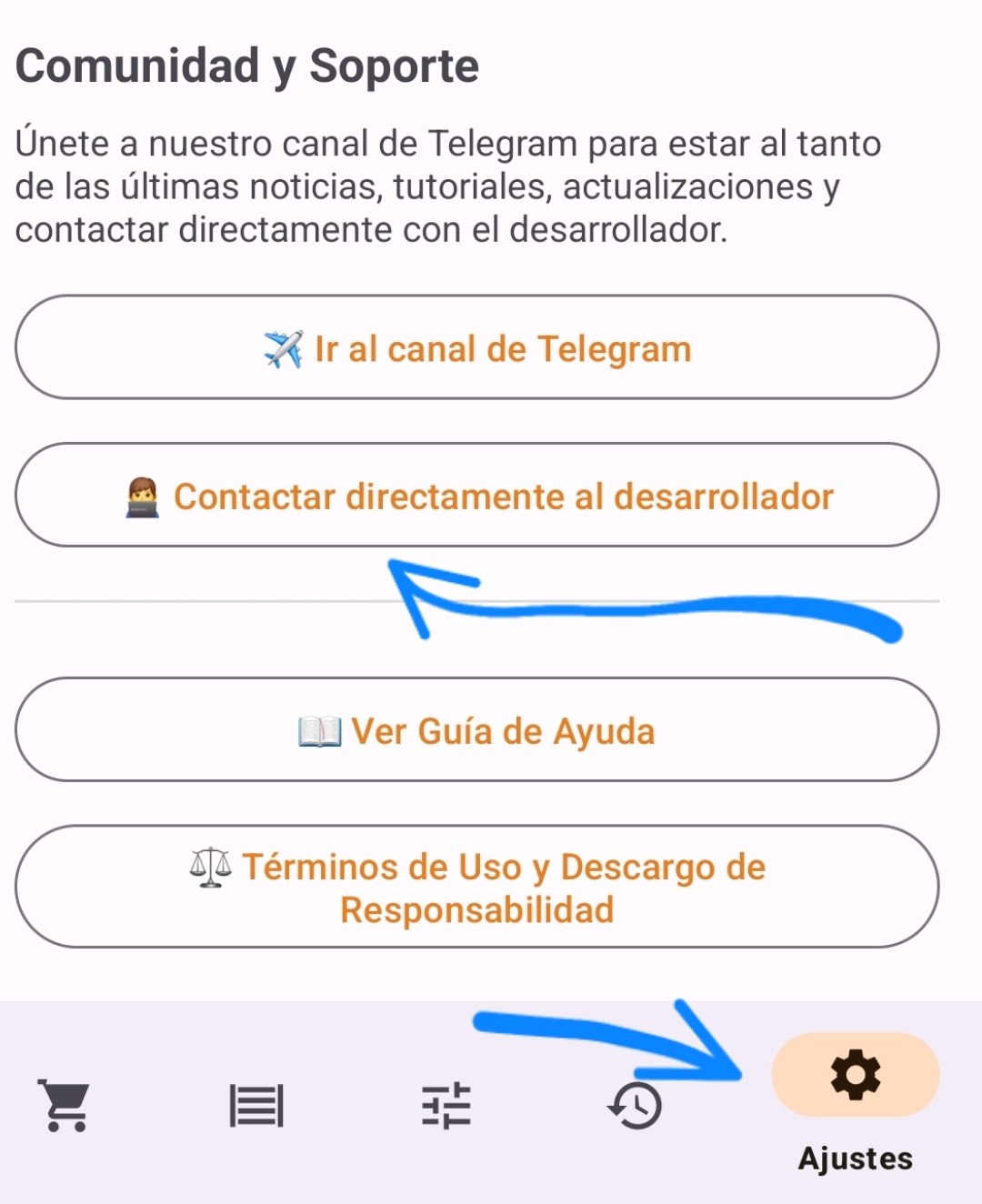 Botón Contactar directamente al desarrollador