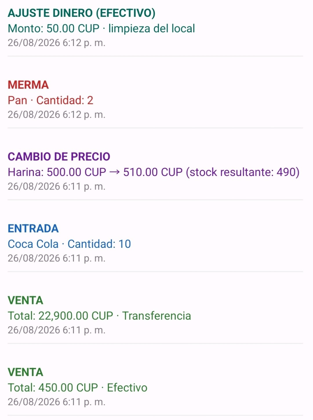 Historial de operaciones con colores
