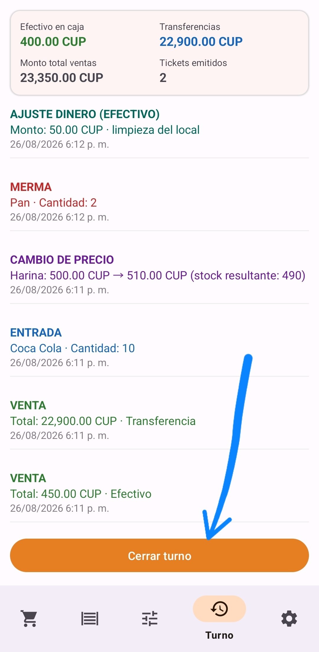 Botón Cerrar turno
