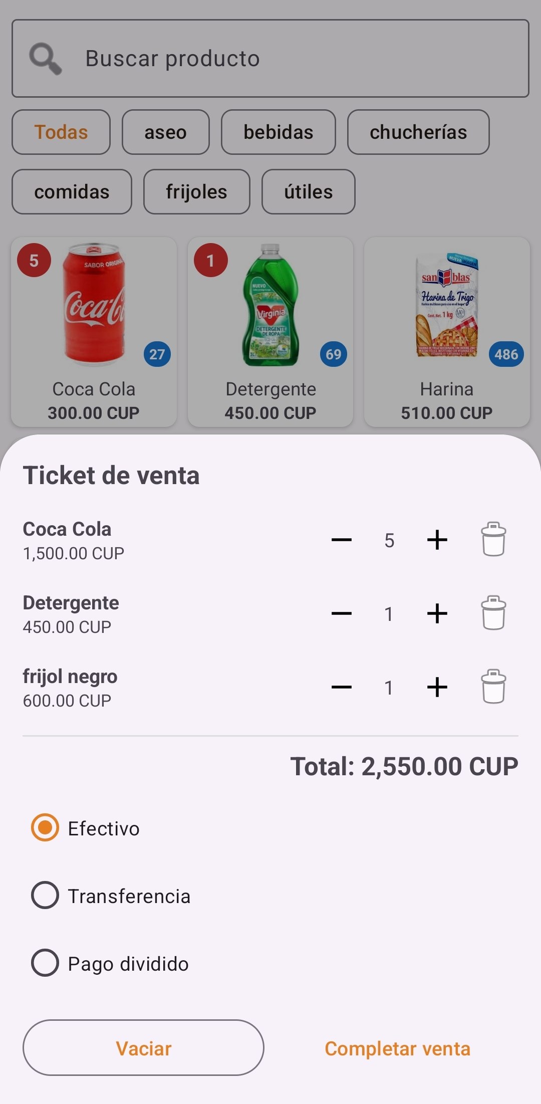 Ticket con productos y forma de cobro